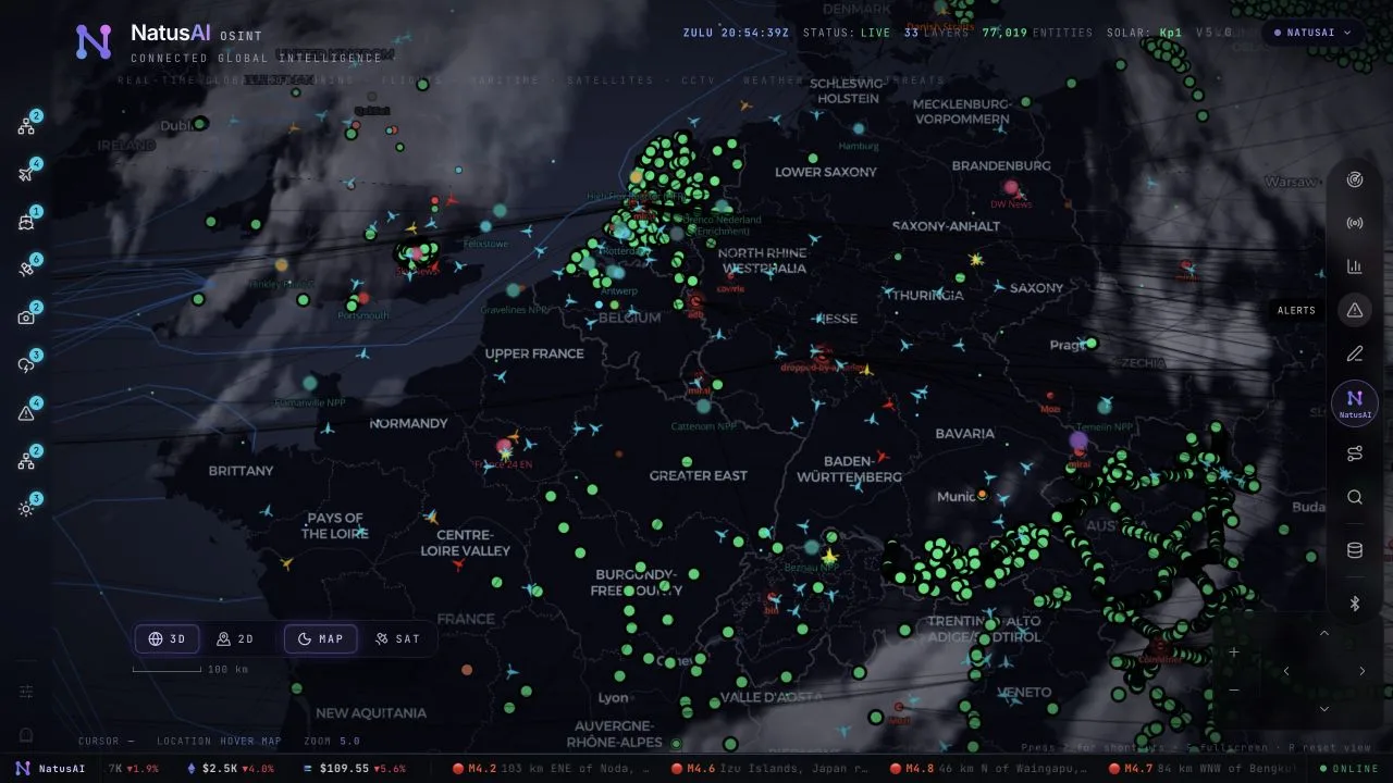 Map workspace with public signals and source-linked alerts for open-source intelligence