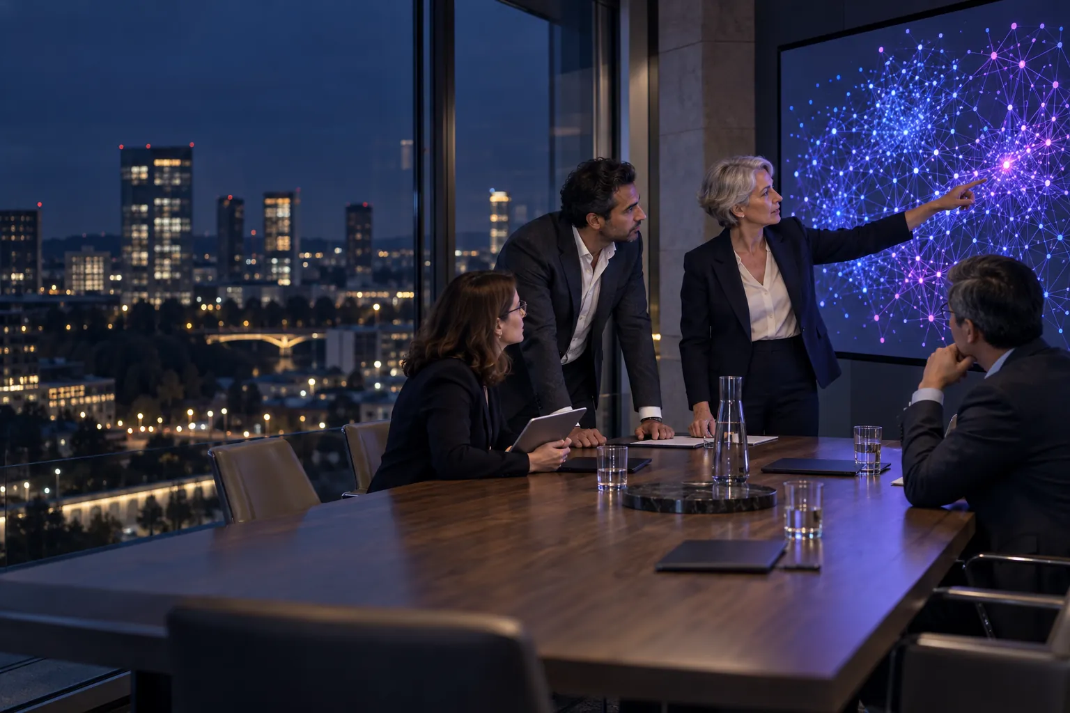 Executive team in an evening boardroom reviewing a connected-knowledge wall display