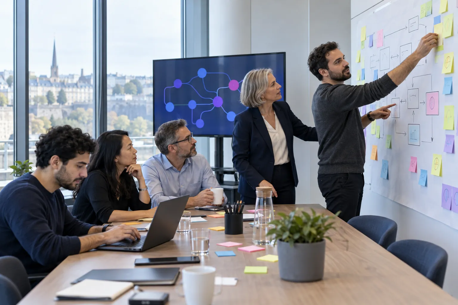 A consultant and managers mapping a workflow together on a wall of notes (illustrative image)
