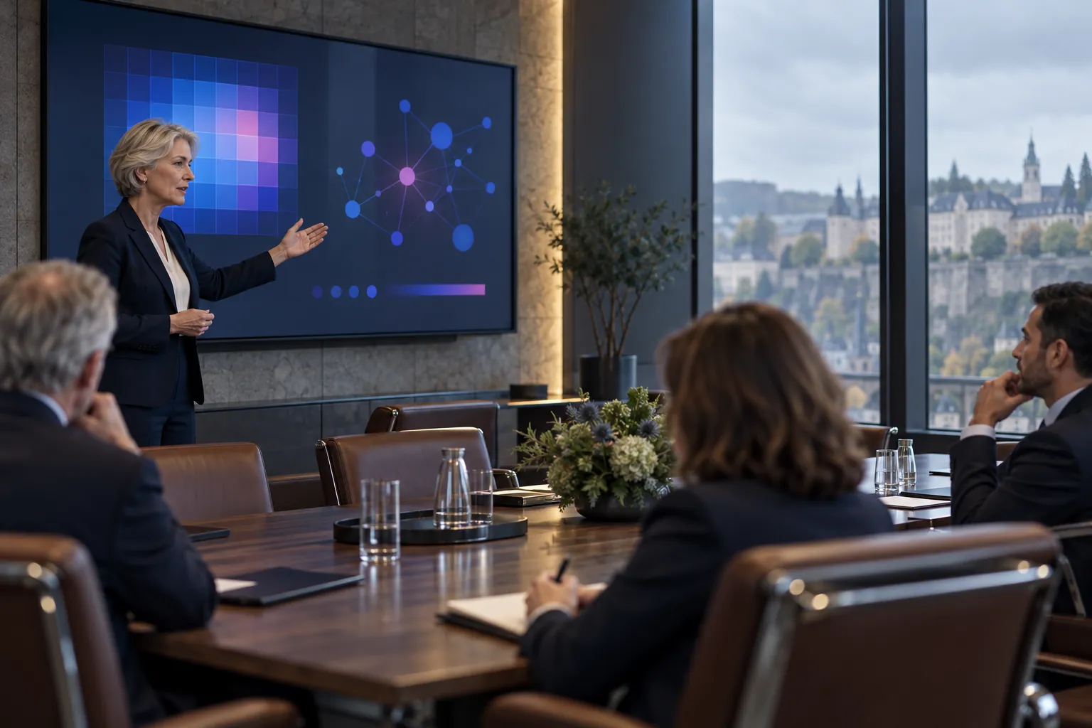 An executive presenting trend charts to a board (illustrative image)