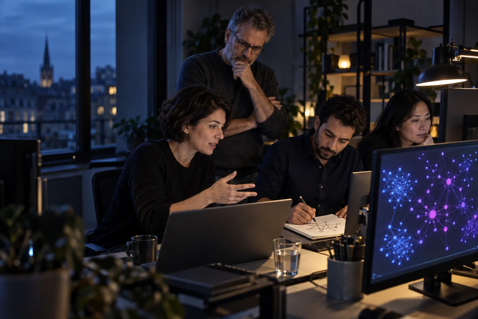 An engineering team discussing a connected-data design around two desks (illustrative image)