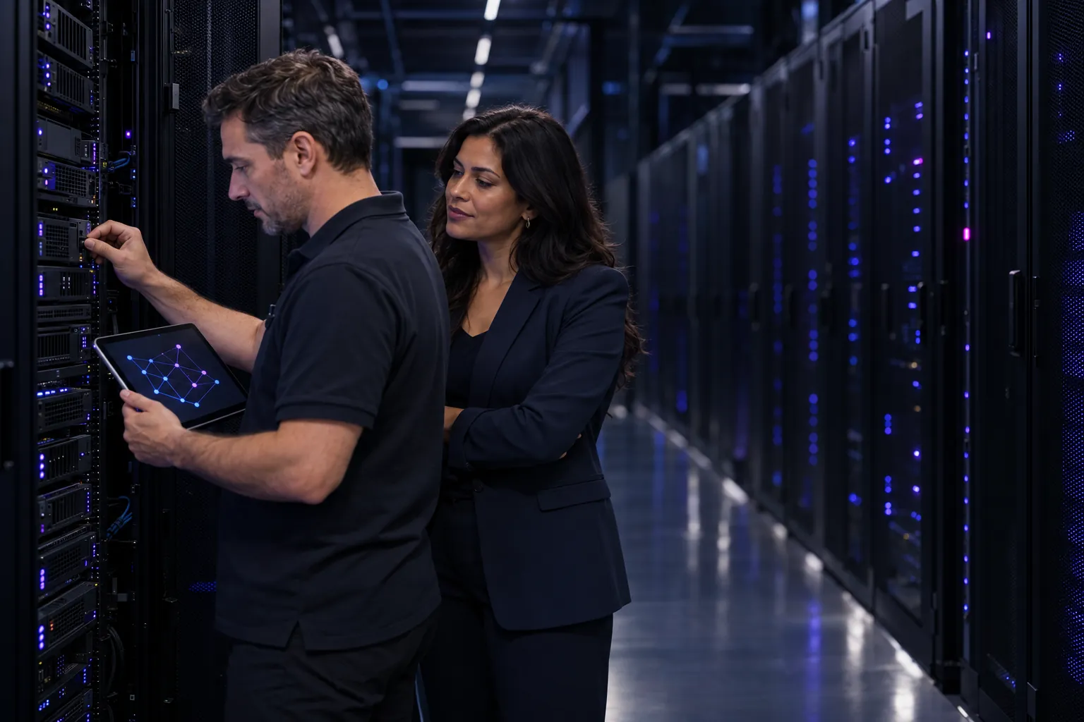 An infrastructure engineer and an IT security manager checking a server in an on-premises data centre (illustrative image)