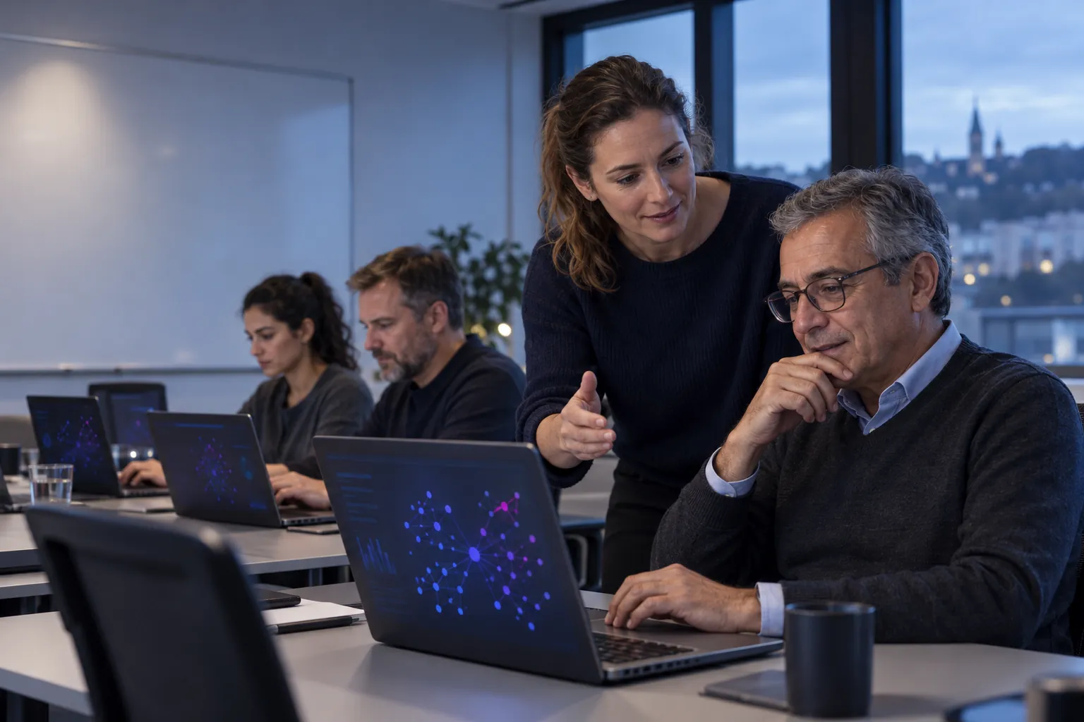 A trainer beside an employee trying a new AI workspace on a laptop (illustrative image)