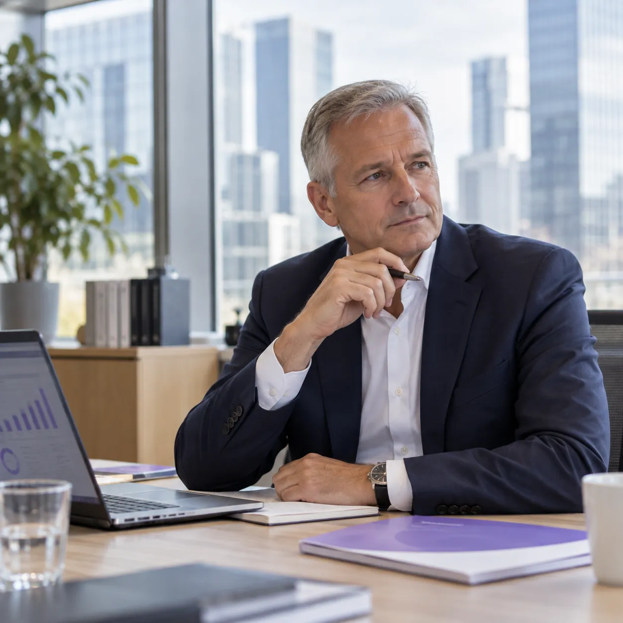 Illustrative portrait of a chief financial officer at a desk by a window