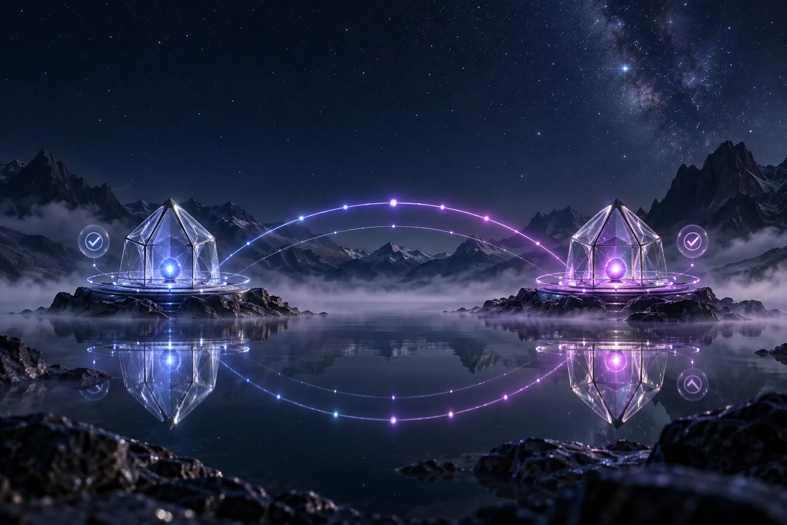 Two mirrored glass pavilions linked by an arc of light, a visual for continuous backup and verified recovery